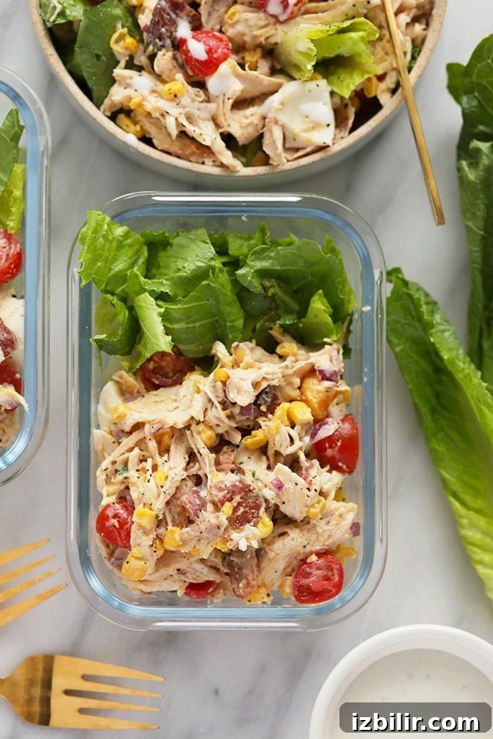 Rotisserie Chicken Cobb Salad packed in a meal prep container rotisserie chicken cobb salad in a meal prep container
