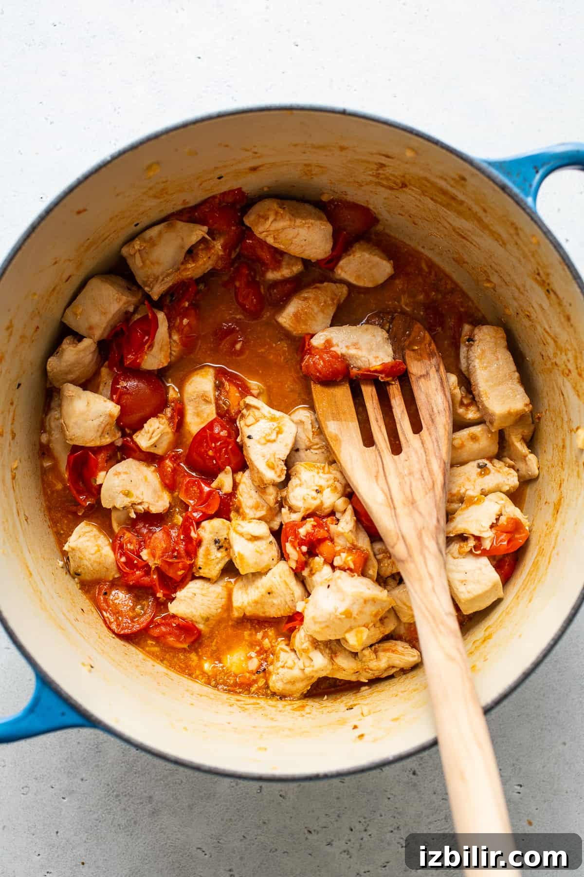 cooking chicken and tomatoes in large pot.