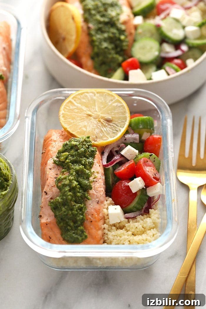 Mediterranean Salmon Meal Prep salmon meal prep in glass container