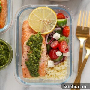 salmon meal prep in glass container