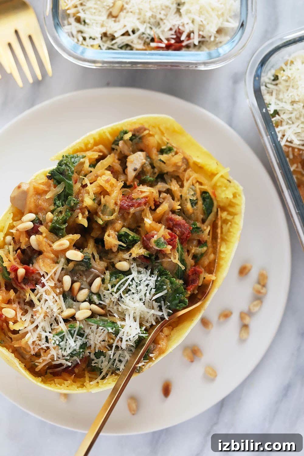 Instant Pot Stuffed Spaghetti Squash Stuffed Instant Pot Spaghetti Squash on a plate