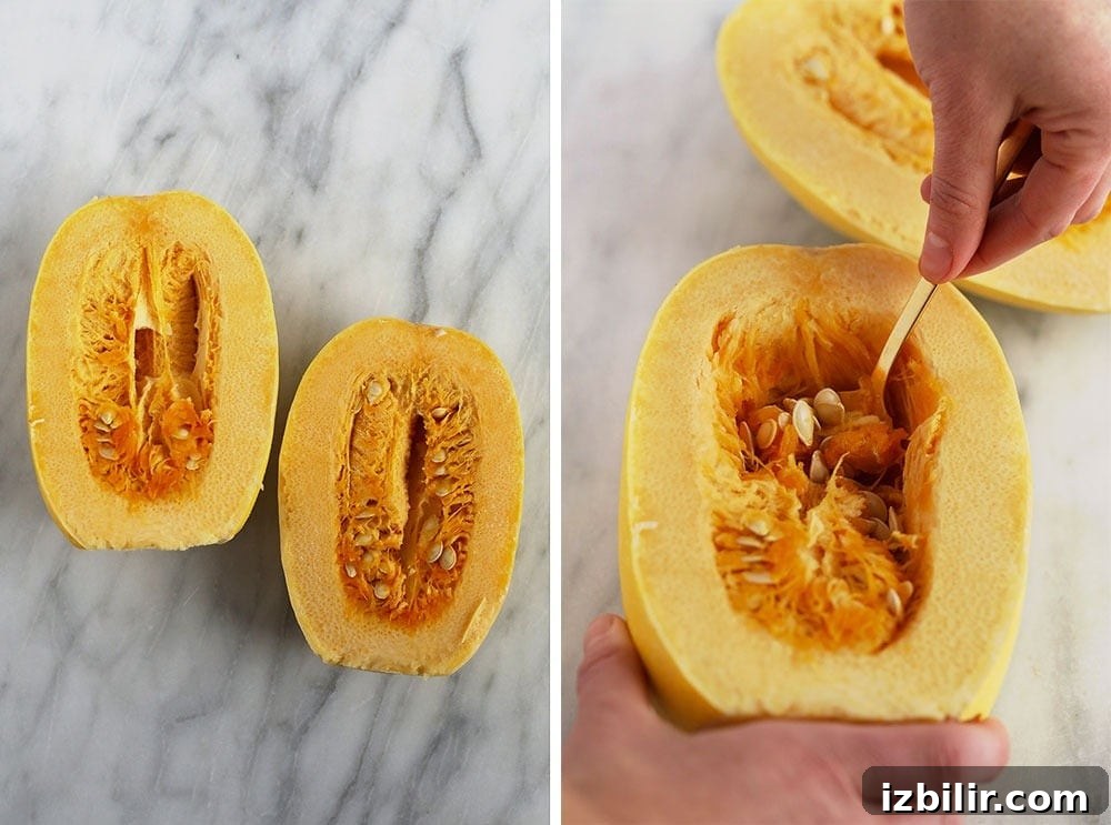 Scoop out seeds and innards Scooping out the innards of spaghetti squash