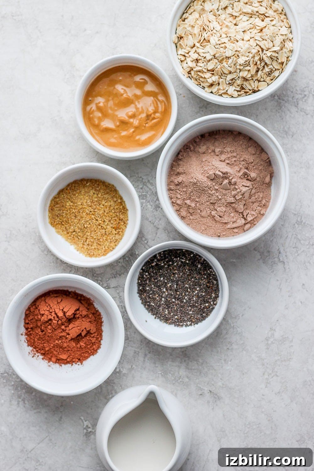 Chocolate Protein Oatmeal Recipe 4 chocolate sea salt protein oatmeal ingredients in bowls