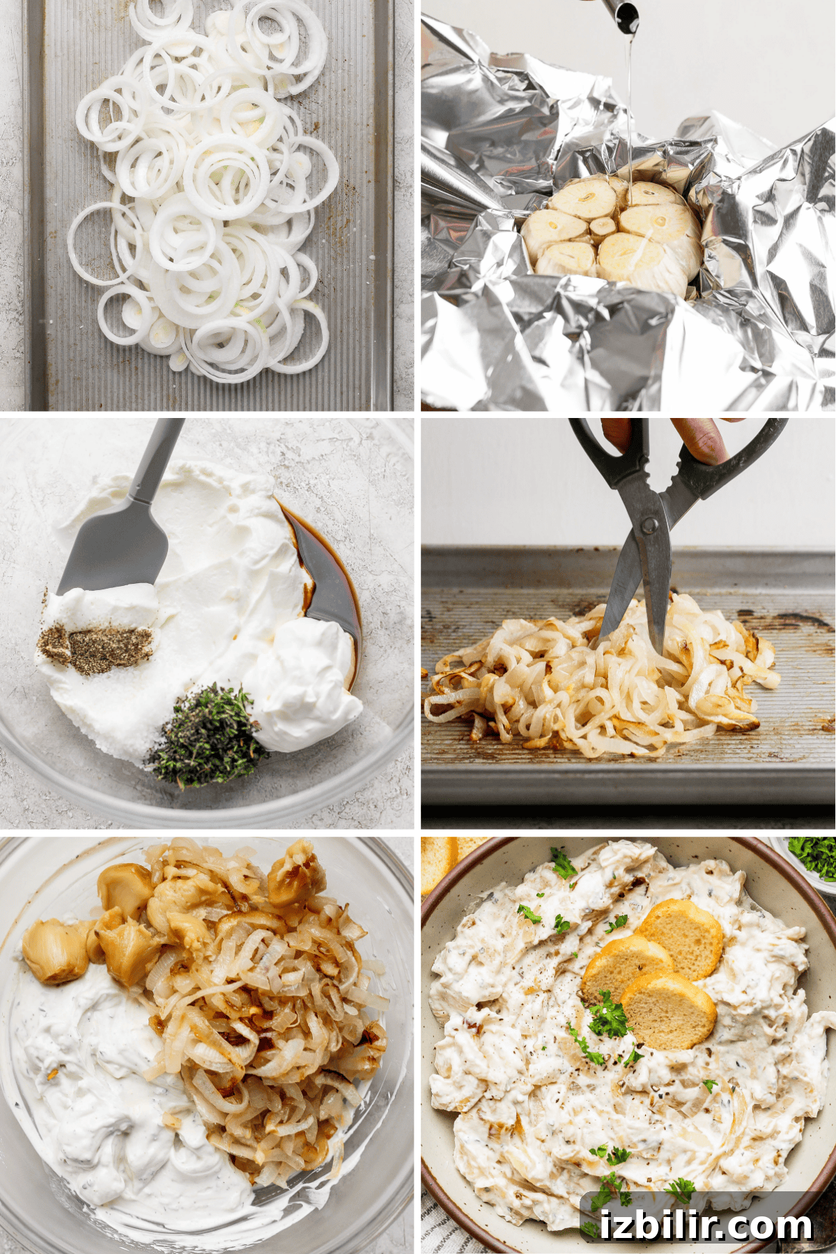 Caramelized Onion Dip steps A step-by-step process of making onion dip: sliced onions, roasted garlic in foil, yogurt mixture with herbs, caramelized onions, mixing ingredients, and the final dip garnished with herbs and crackers.