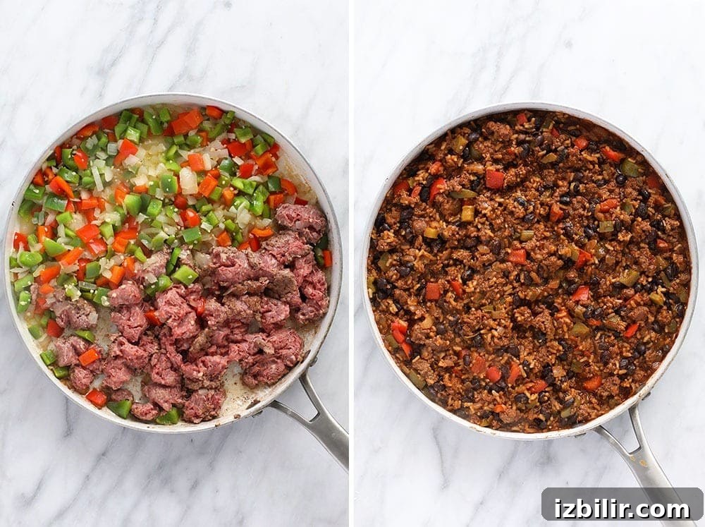One-pan Mexican beef skillet ground beef skillet in pan.