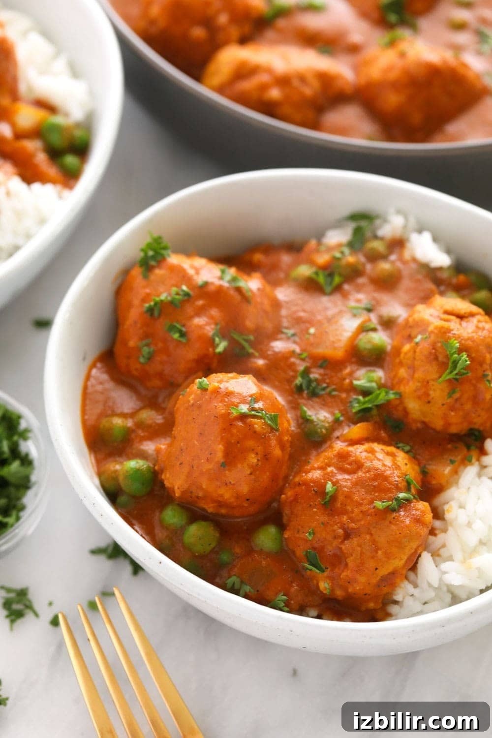 Tikka masala meatballs over rice