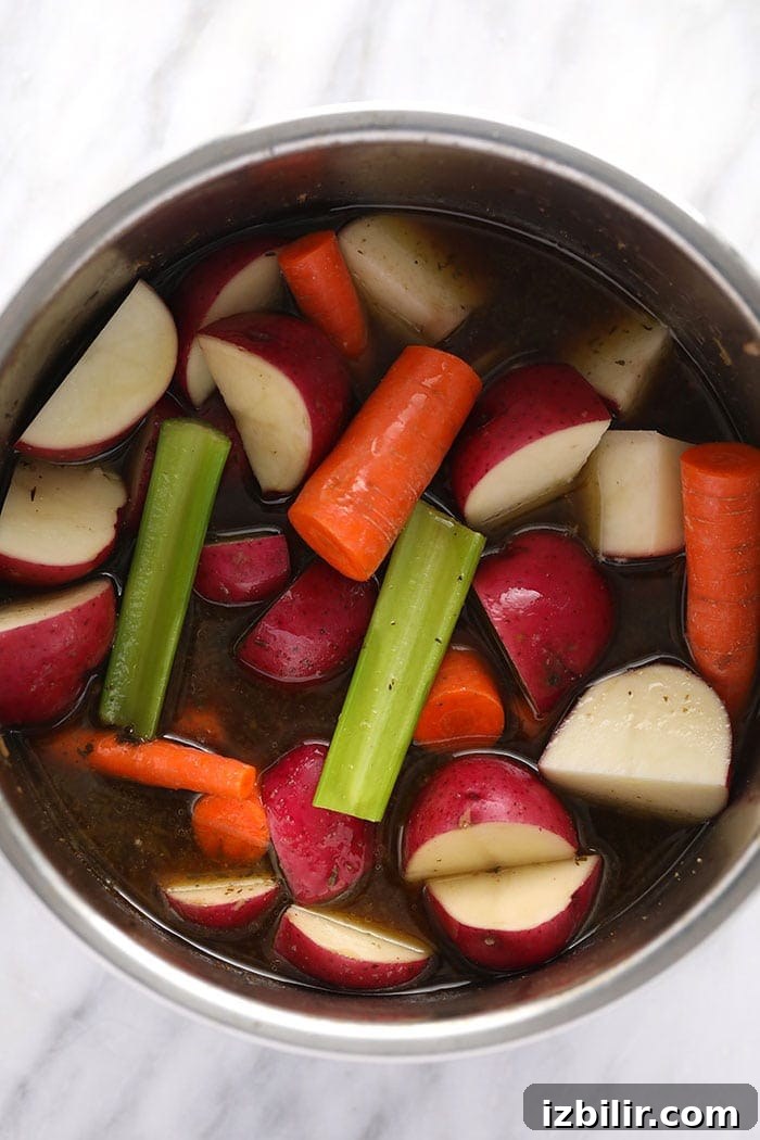 Pot roast vegetables pot roast veggies in the instant pot ready to be pressure cooked