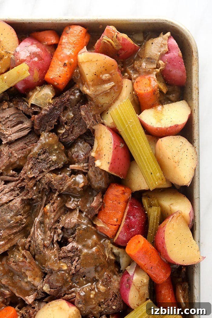 Served Instant Pot Pot Roast instant pot pot roast cooked and ready to be served