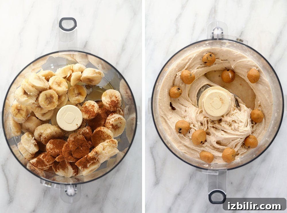 Ingredients for the cookie dough banana softer serve in a food processor