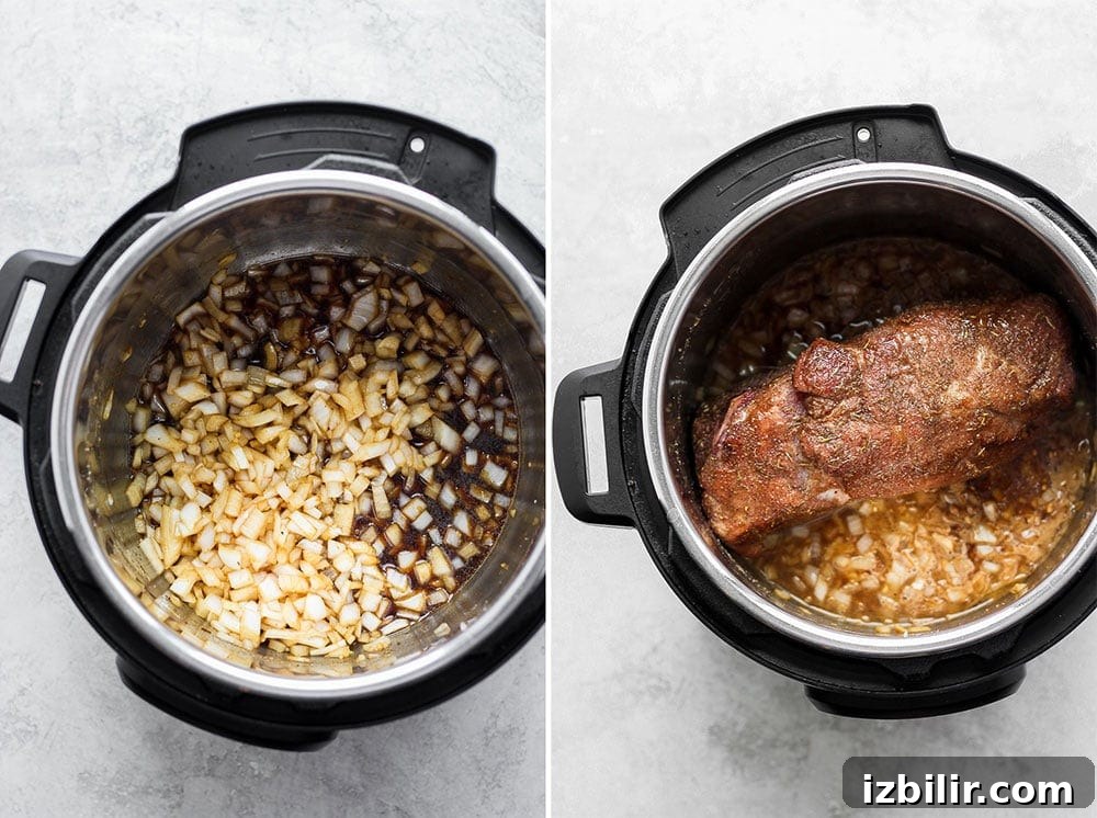 Tender Instant Pot Pulled Pork Recipe: Ready in 1 Hour 4 Pork roast in Instant Pot with onions and sauce