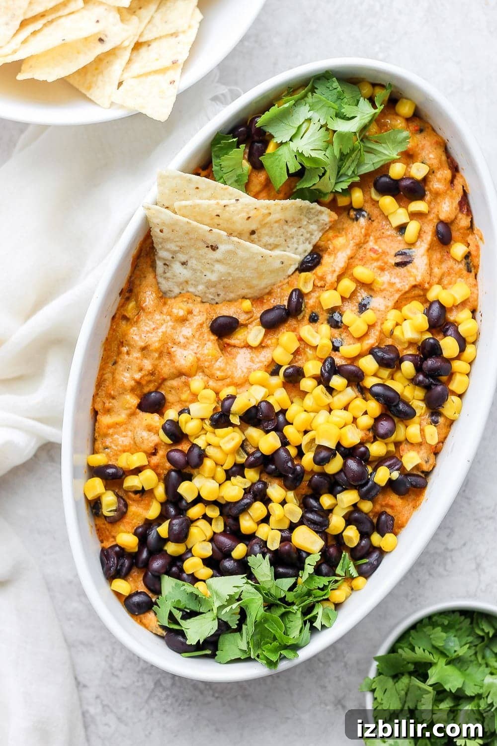 Vegan Street Corn Queso Dip mexican street corn vegan queso dip in a dish ready to be served