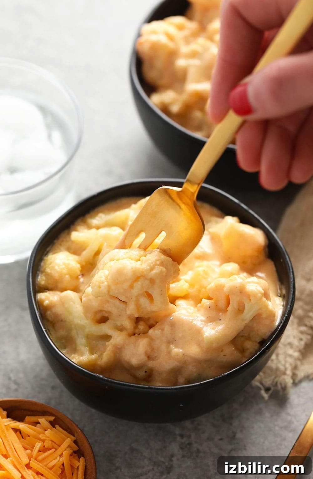 Served cauliflower mac and cheese cauliflower mac and cheese in a bowl ready to eat