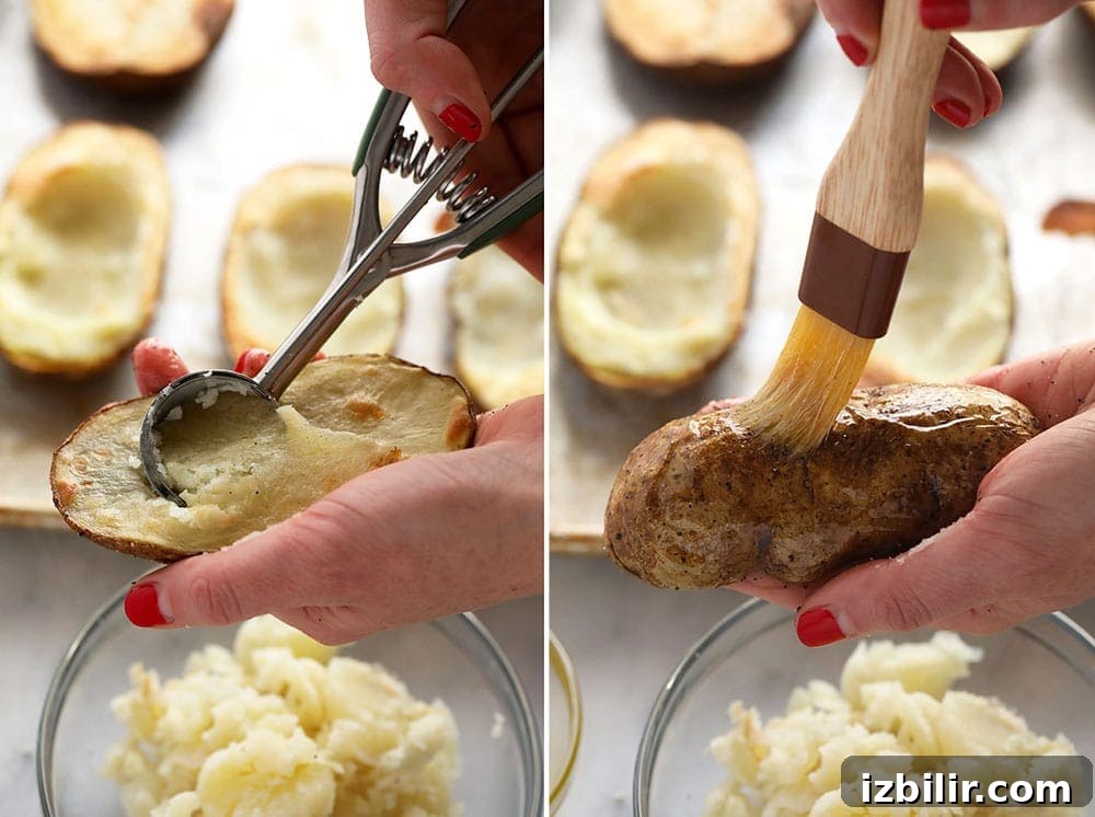 Scooping the middle out of potato skins