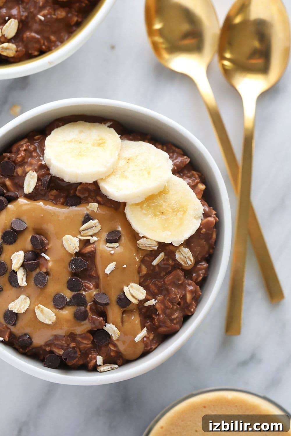 Chocolate peanut butter overnight oats in a bowl.
