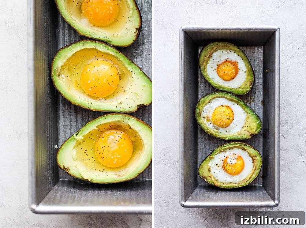 Avocado baked eggs before and after baking Before and after of avocado egg bake in the oven