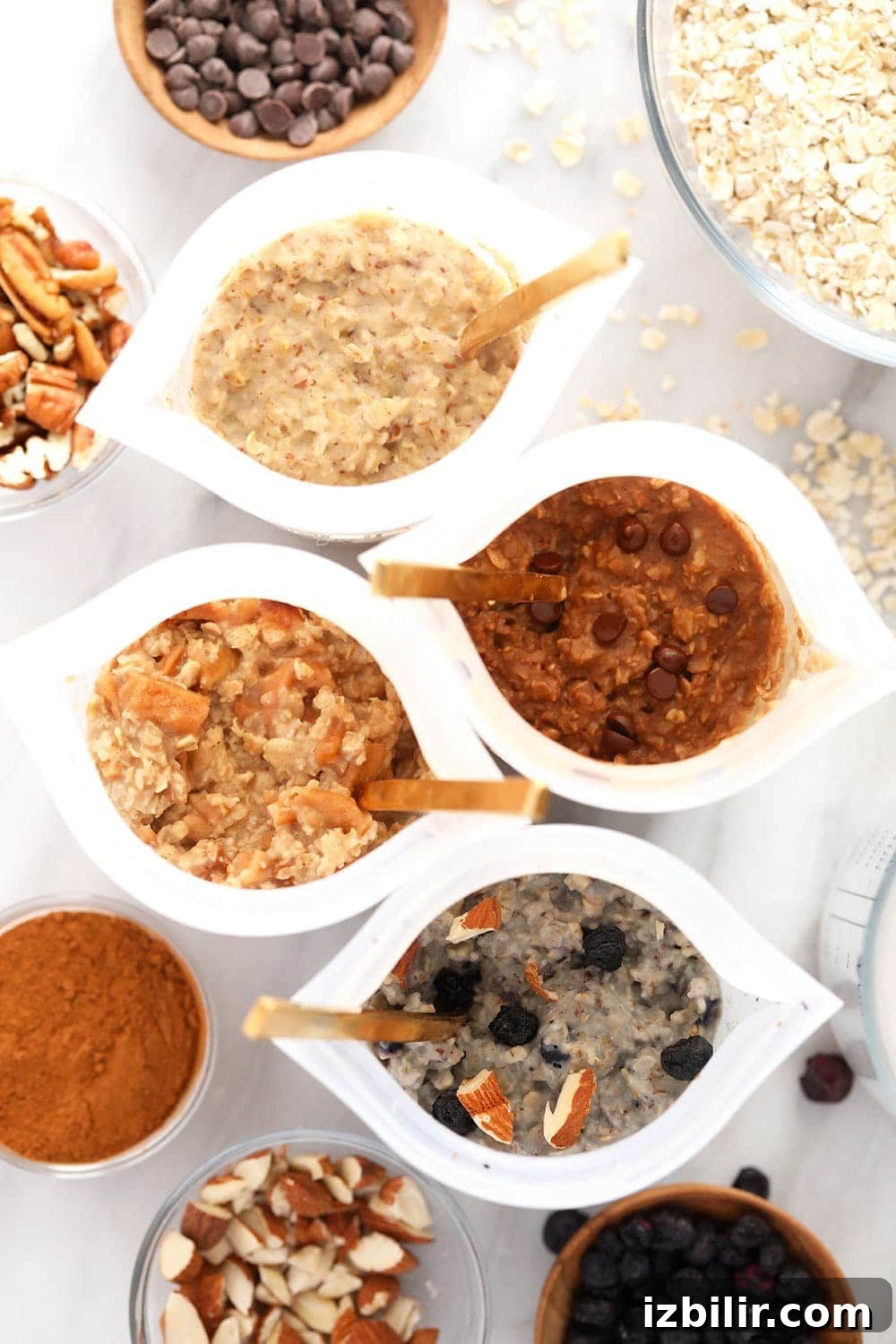 instant oatmeal 4 ways mixed in bowls and ready to be eaten