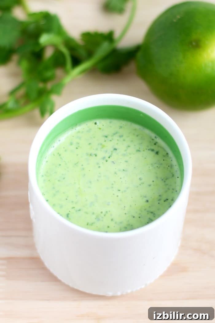 Tangy cilantro dressing in a small dish.