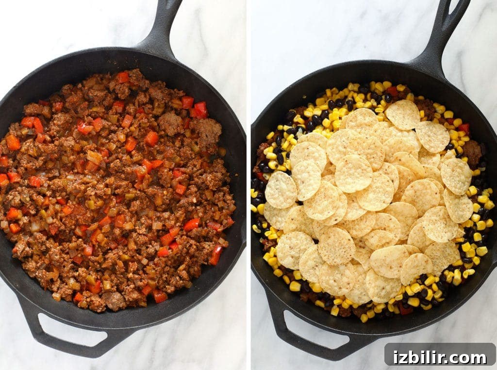 Cheesy Taco Casserole Recipe with Ground Beef 3 easy taco casserole ingredients in a cast iron skillet ready to be baked