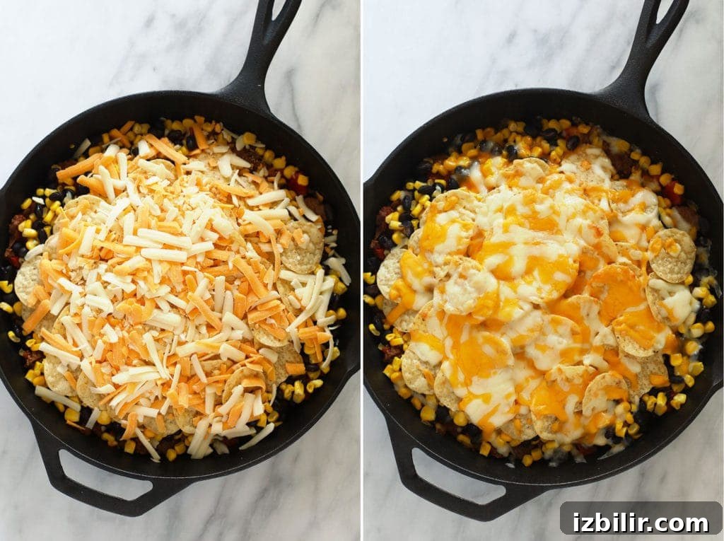 Cheesy Taco Casserole Recipe with Ground Beef 4 easy taco casserole topped with shredded cheese before and after being baked