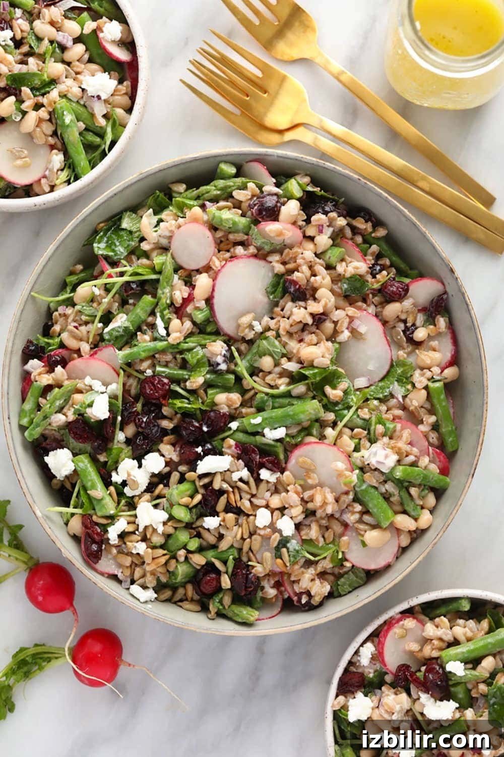 Farro salad in a serving bowl 