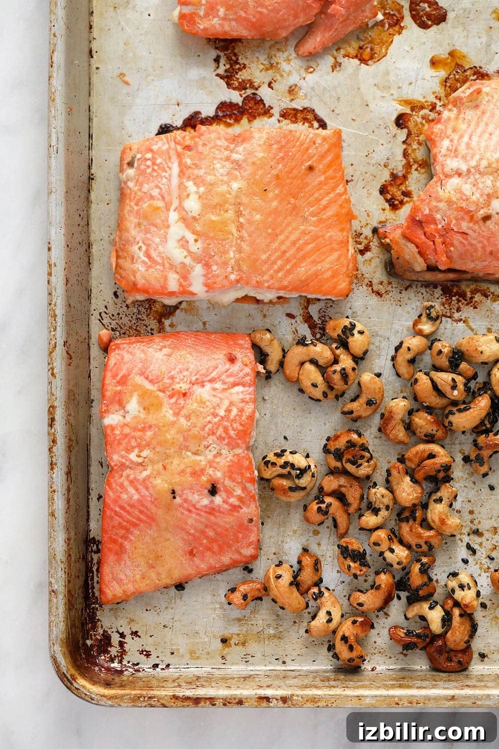 salmon and cashews on pan