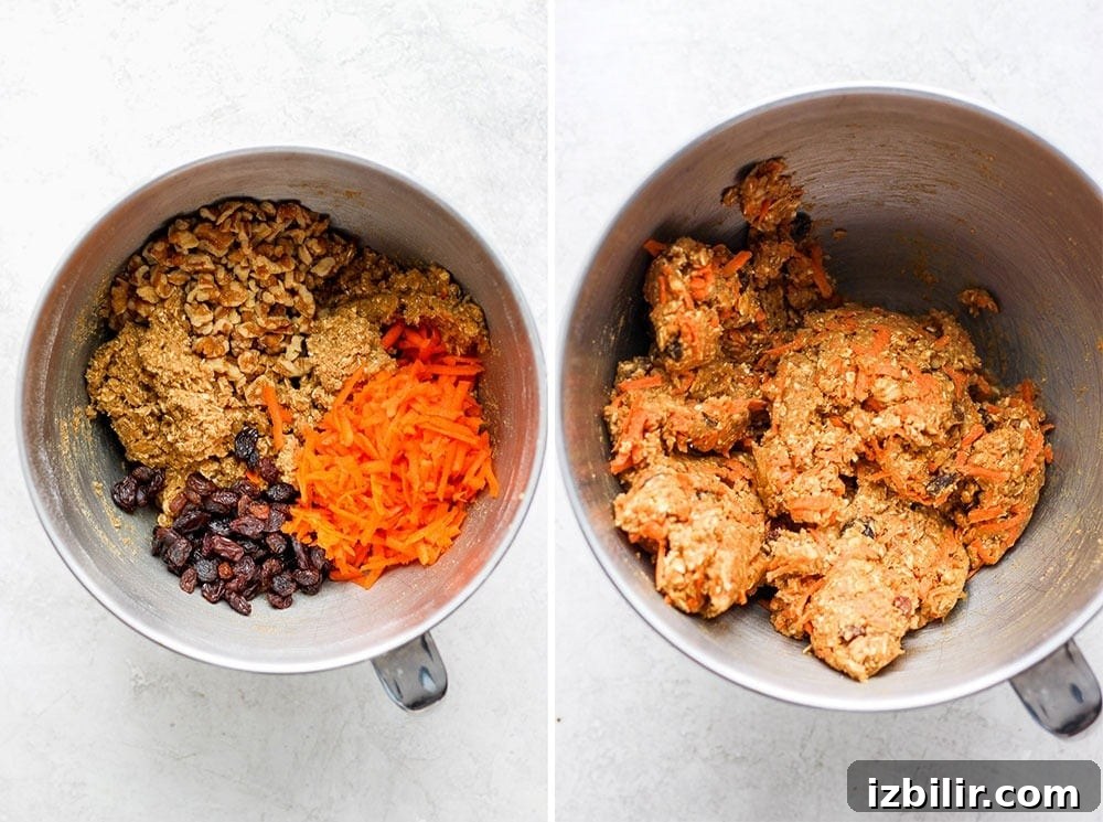 Adding carrot and raisins Mixing carrot and raisins into the cookie dough