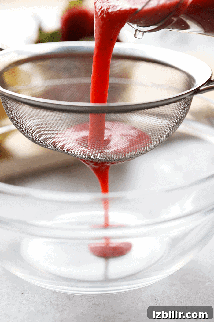 Fresh strawberry puree being strained through a sieve