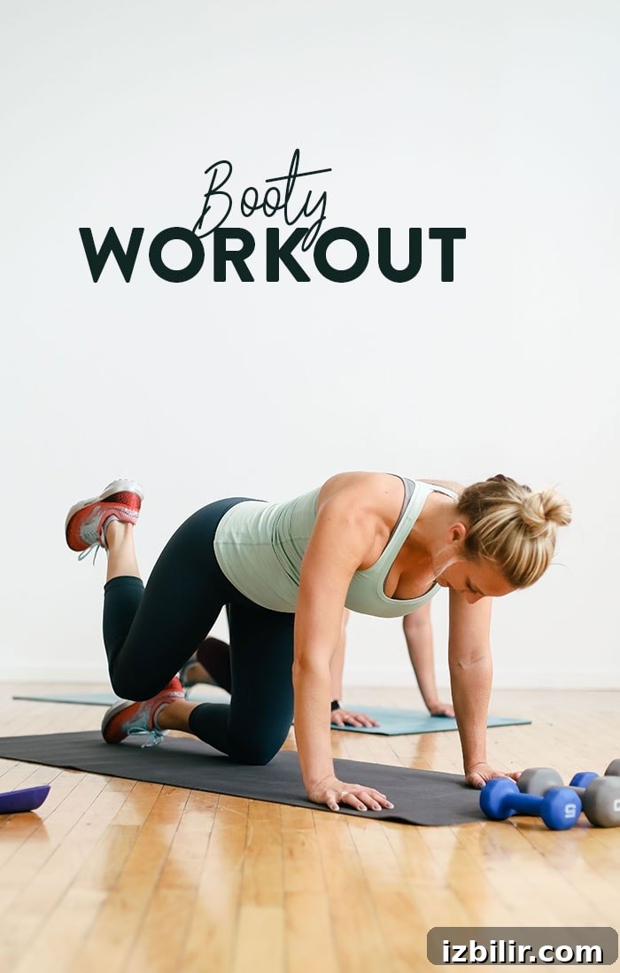 Get ready to sweat with this booty workout! You can use your body weight or you can add some dumbbells! Get your cardio fix and a great butt workout in under 45 minutes. It is a perfect workout for leg day or if you have a short amount of time to get a workout in. Photo of workout instructor with text overlay that says Booty Workout