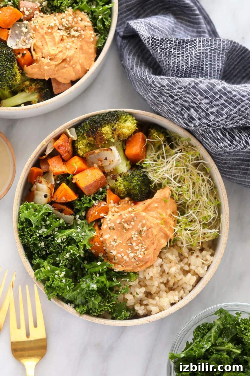 vegetarian brown rice bowl topped with hummus ready to be served