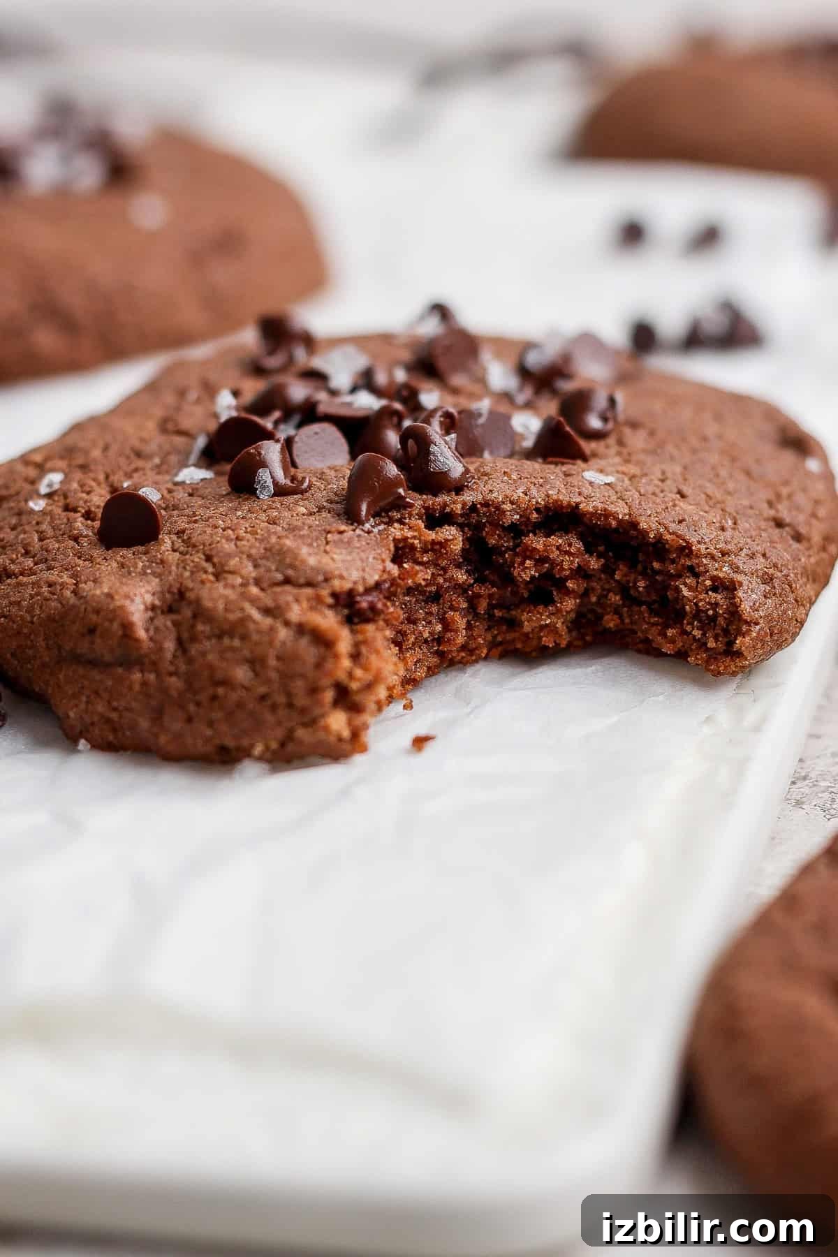 Close-up of a chocolate cookie with a bite taken out, topped with chocolate chips, resting on parchment paper.