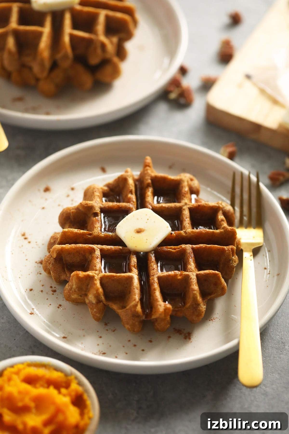 Fluffy Gluten-Free Pumpkin Waffles Recipe 2 gluten free waffle on plate