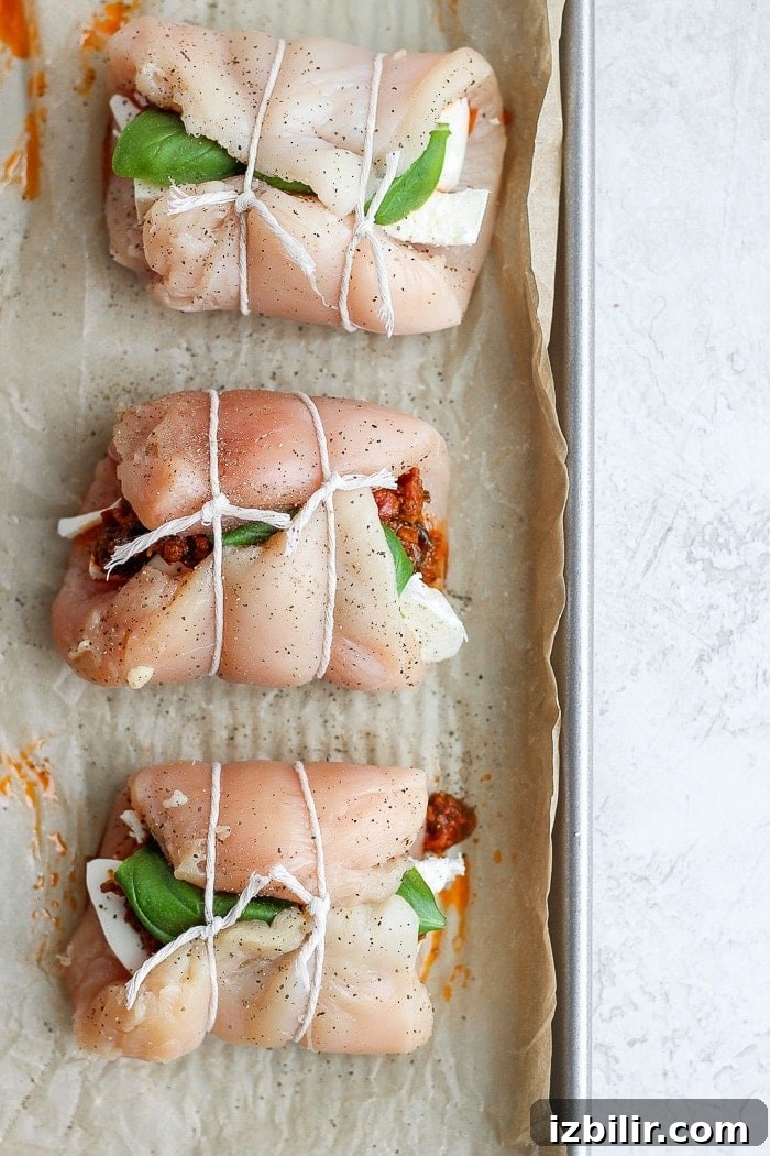 Caprese stuffed chicken breast rolled up on a baking tray