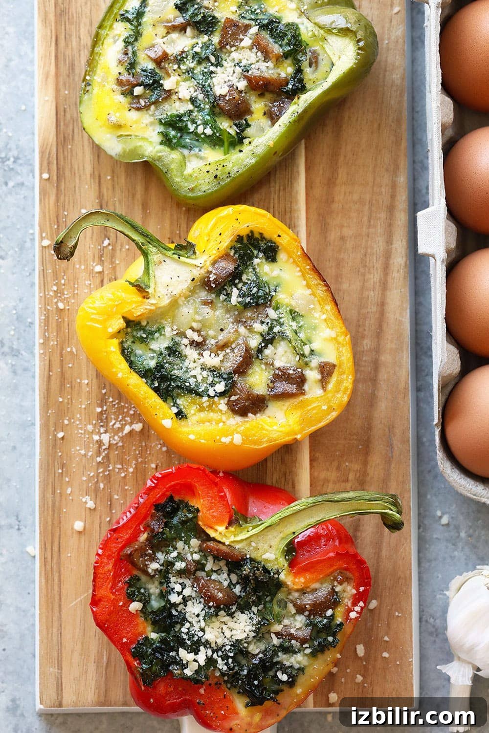 Breakfast sausage stuffed peppers Breakfast sausage stuffed peppers on a cutting board