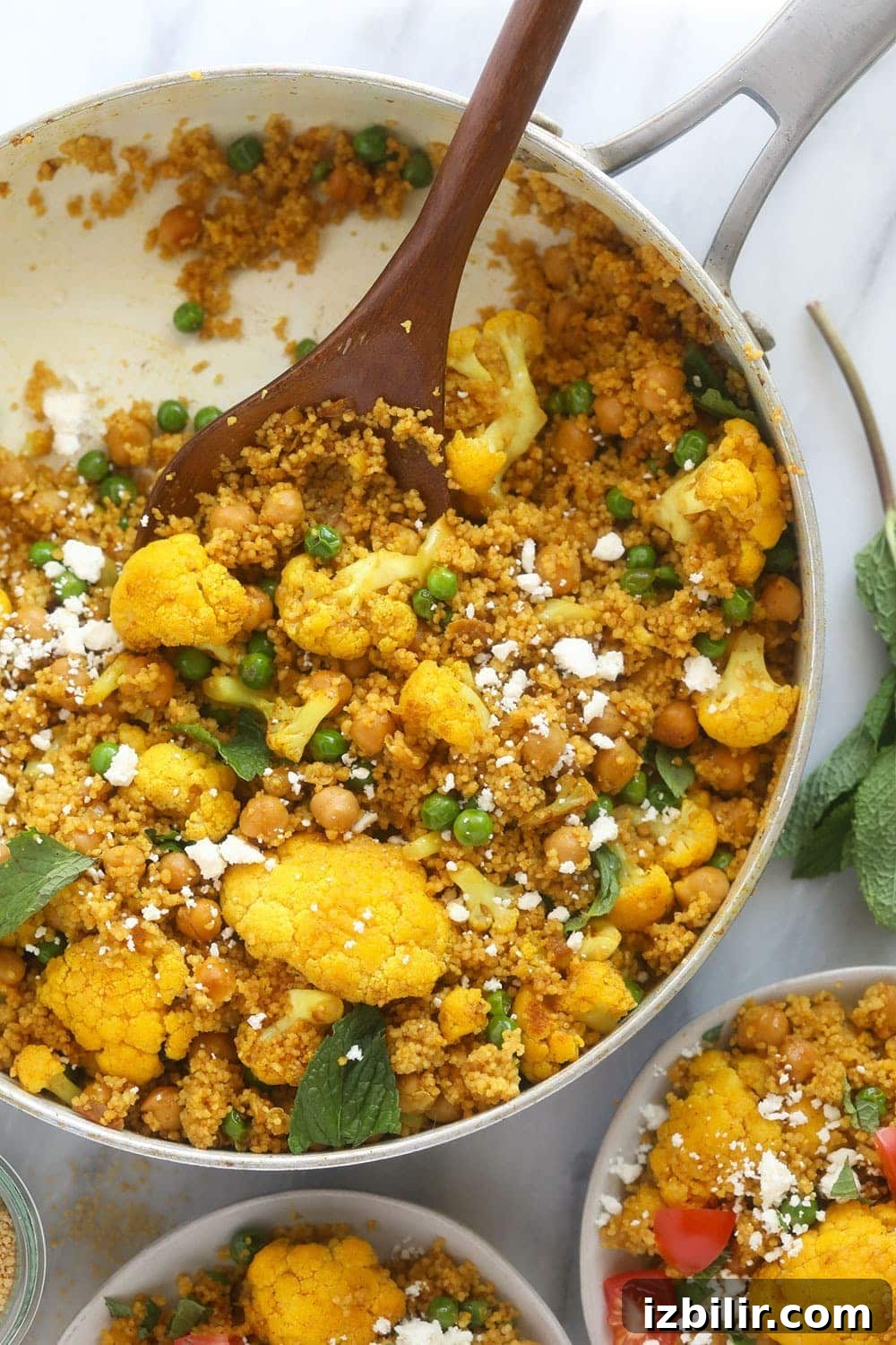 moroccan chickpea couscous in a skillet