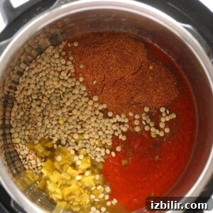 An Instant Pot filled with lentils and spices for making delicious lentil tacos