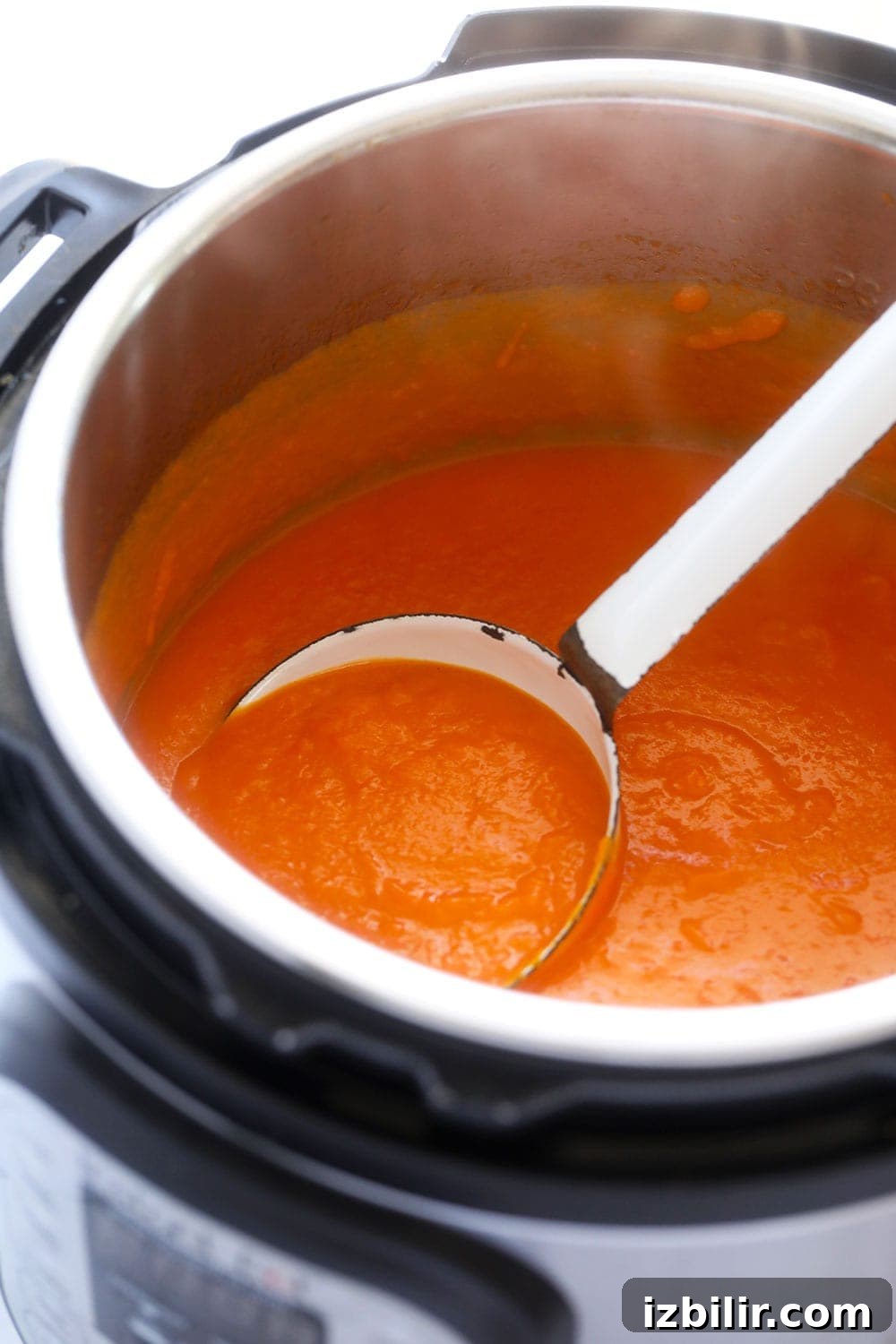 Sweet potato carrot ginger soup blended in the instant pot and ready to be served