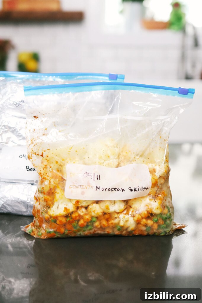 Vegetarian Freezer Meals with Printable Grocery List 4 Two freezer bags of vegetarian meals resting on a kitchen counter.