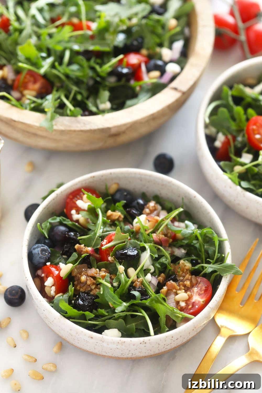 Serve arugula salad with your favorite main dish or enjoy it as a light lunch. Arugula salad in a small bowl