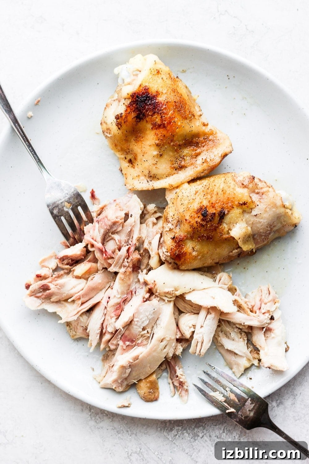 chicken thighs being shredded for chicken tacos