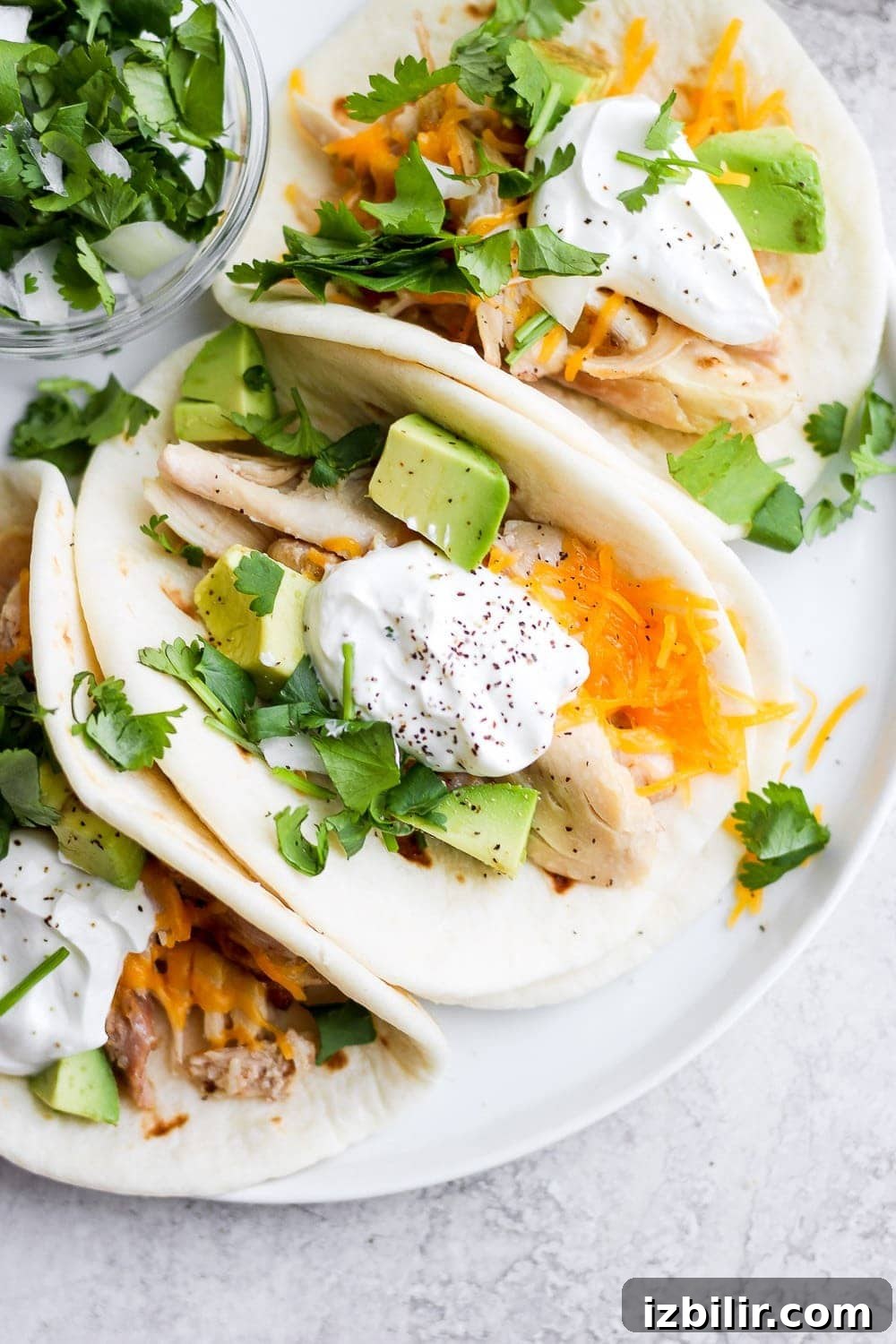shredded chicken tacos on a plate and ready to be served