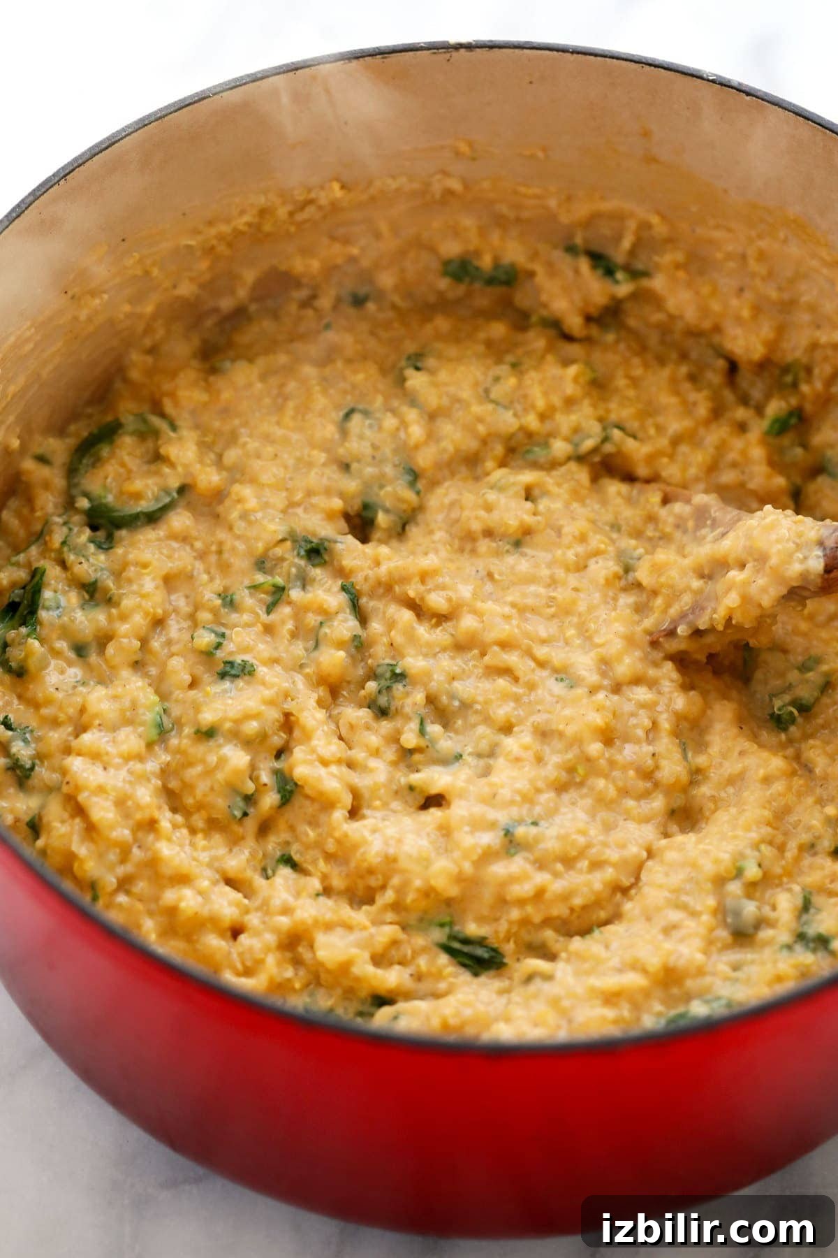 quinoa mac and cheese in a dutch oven, ready to be served