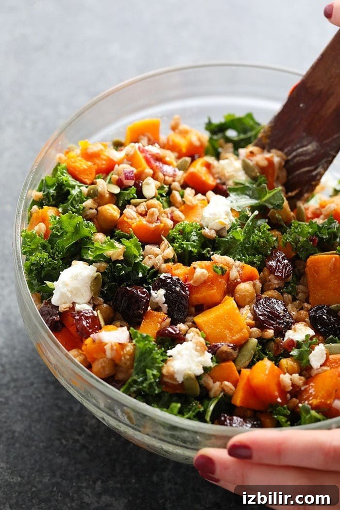Farro Salad with Kale and Butternut Squash Farro salad in a bowl.