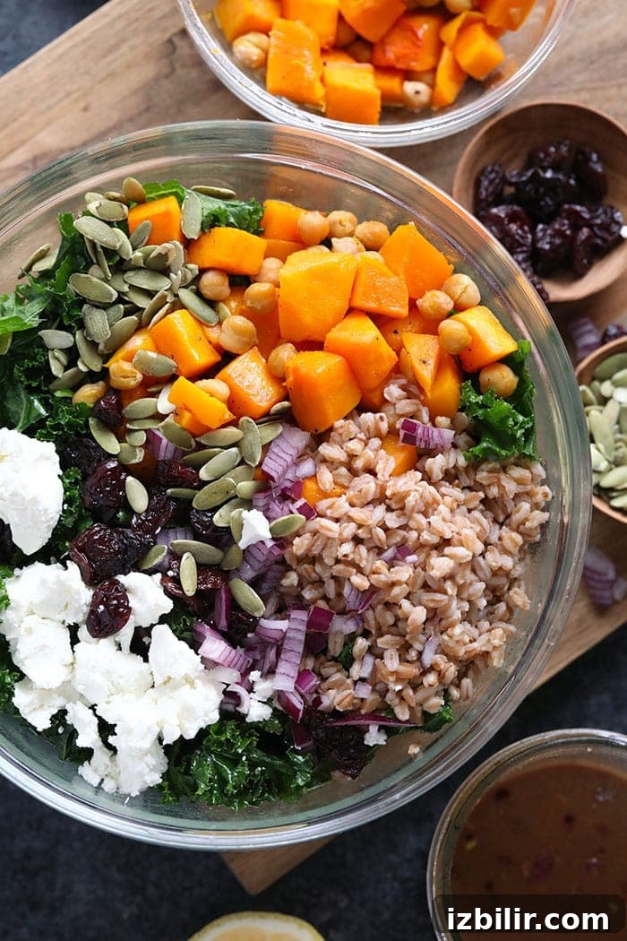 Farro Salad with Kale and Roasted Butternut Squash 4 Farro salad in a big bowl.