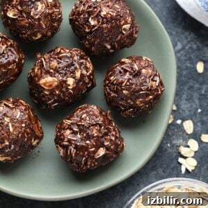 No-Bake Chocolate Peanut Butter Balls Recipe 4 Cocoa oat balls decorated with peanut butter, placed on a plate alongside a bowl of oats.