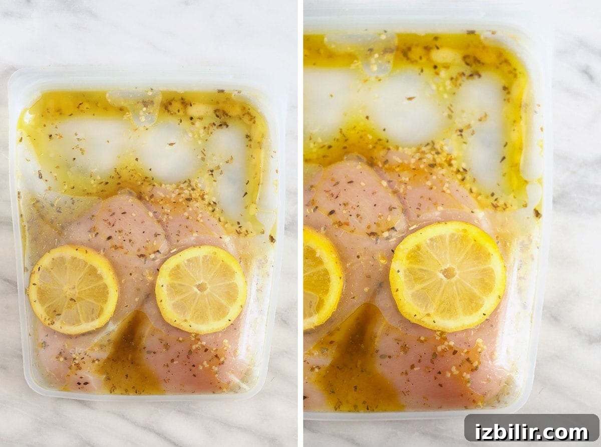 Marinate chicken in a greek dressing for an easy and flavorful Greek chicken recipe! Greek chicken marinating in a bag with fresh lemon slices.