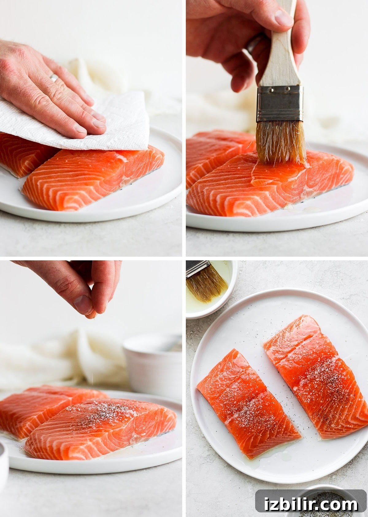 Seasoning salmon Raw salmon on a plate being seasoned with salt and pepper and brushed with olive oil.