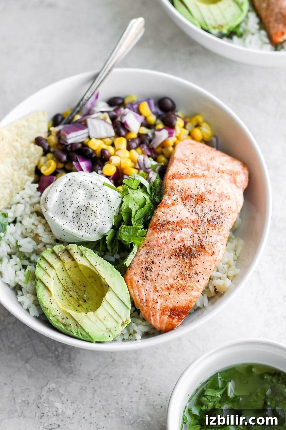 completed fiesta salmon rice bowl with a dollop of sour cream and tortilla chips 