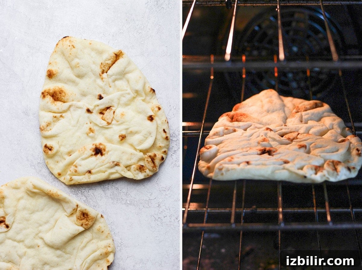 Crispy Naan Breakfast Pizza Recipe with Eggs and Cheese 3 Naan being browned in the oven.