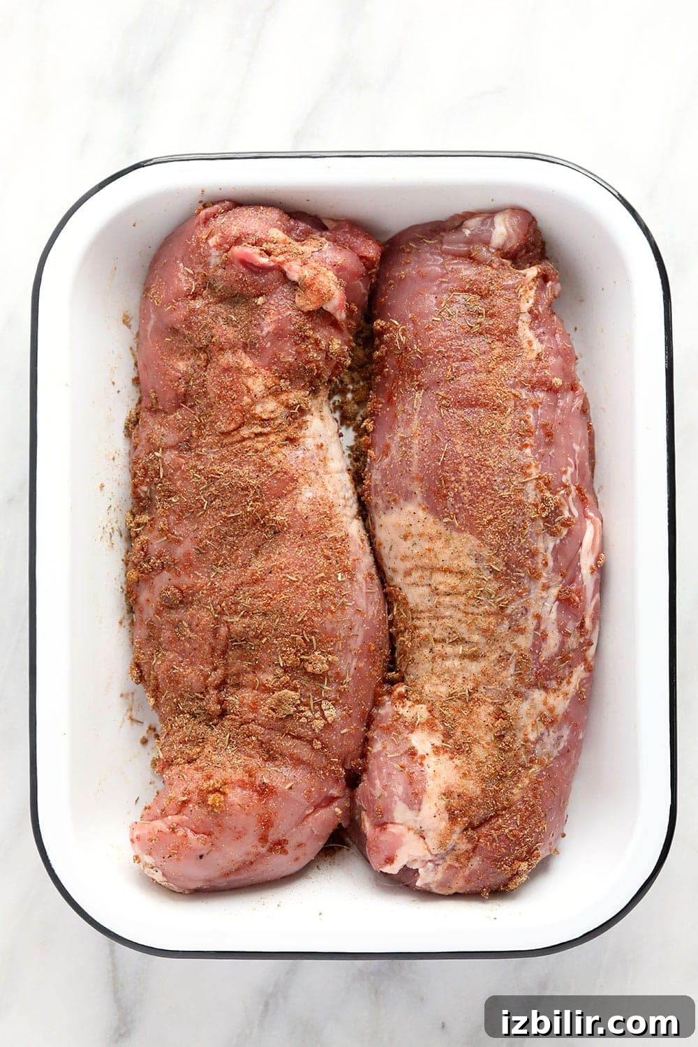 Dry rubbed pork tenderloin on a plate.