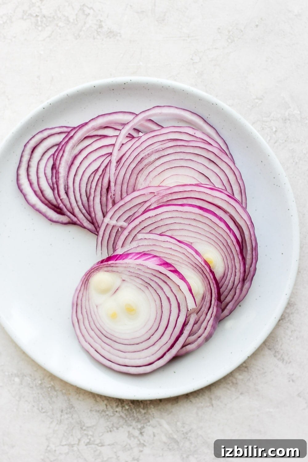 Raw red onion slices Raw onions on a plate